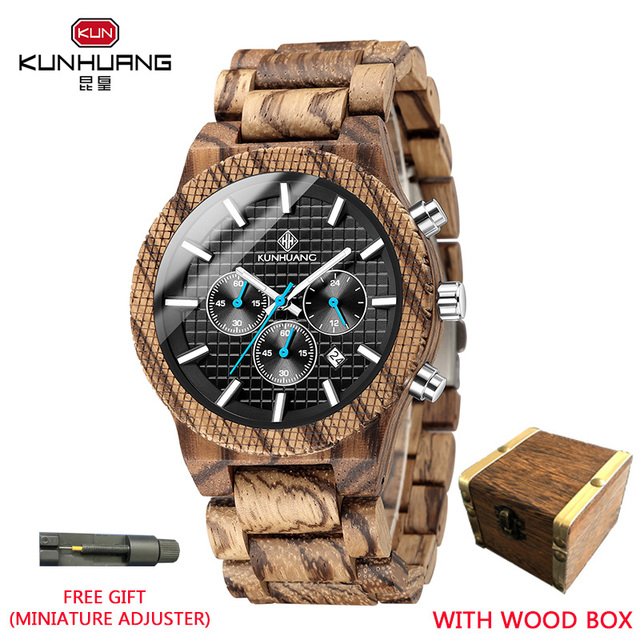 Kunhuang Luxury Elegant Men Wood Watch Military Chronograph Watches Quartz Relogio Masculino Custom Dropshipping