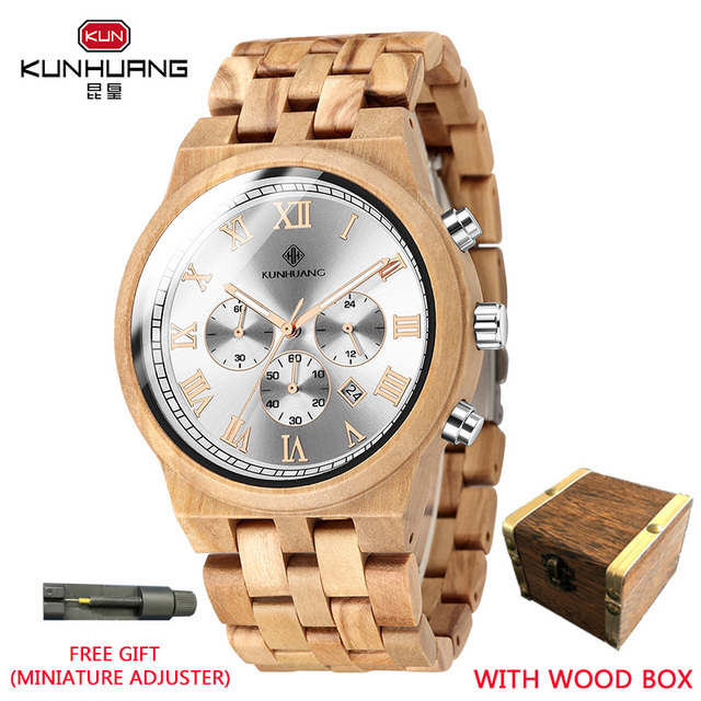 Kunhuang Wooden Men Watches Relogio Masculino Luxury Brand Stylish Chronograph Military Watch Great Gift for Man OEM