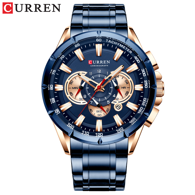 CURREN New Casual Sports Watch Men's Chronograph Stainless Steel Band Watch Large Wristwatch Quartz Watch With Luminous Pointers