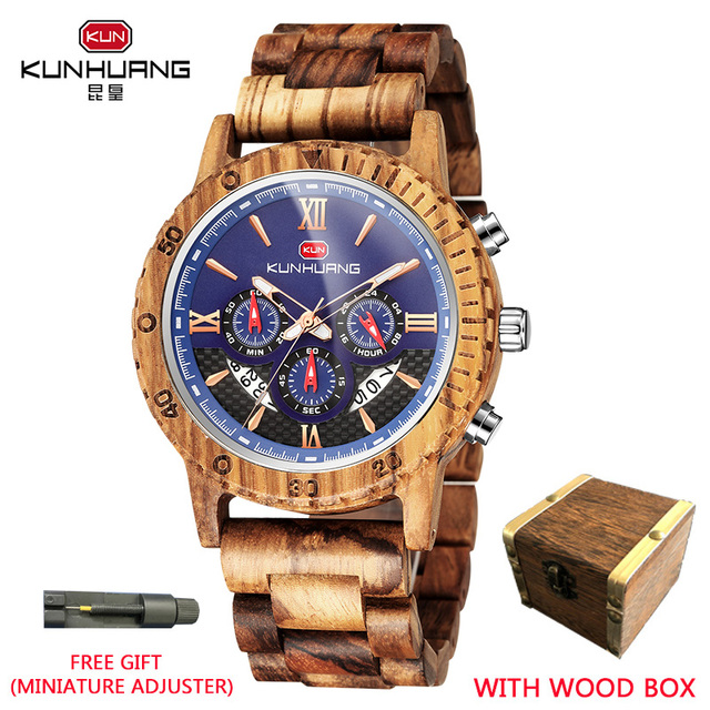 Kunhuang Luxury Brand Men's Watch Wooden Multifunctional Raw Quartz Watch High Strength Ebony Glass Case relógio masculino