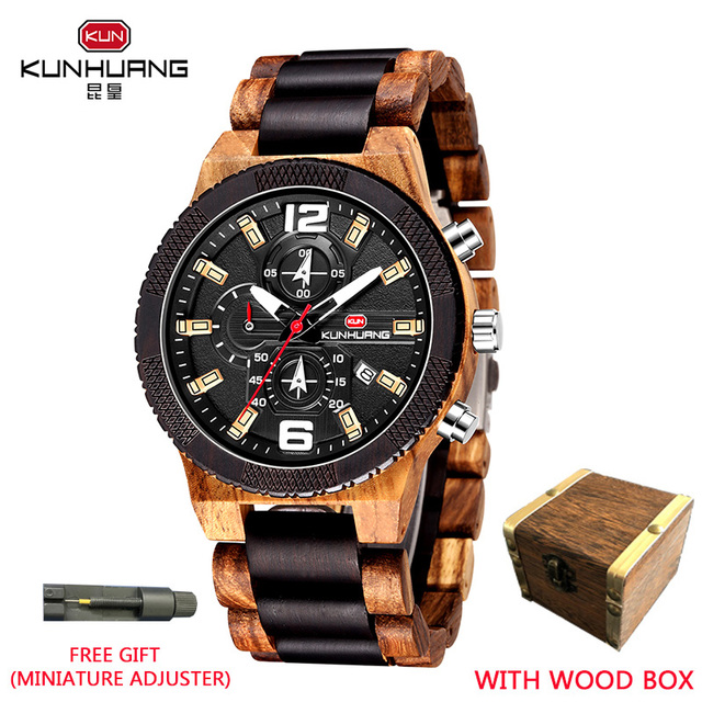 Kunhuang Wooden Watch Fashion Personality Creative Design Senior Ebony Men Watches Quartz Watch Movement Wooden Box Montre Homme