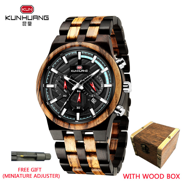 Kunhuang New Wooden Watch Men Luxury Chronograph Ebony Quartz Watch Blue Dial Metal Glass Mirror Wooden Box