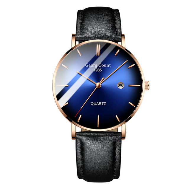 Men's quartz rose gold black net stainless steel black leather strap simple fashion blue watch