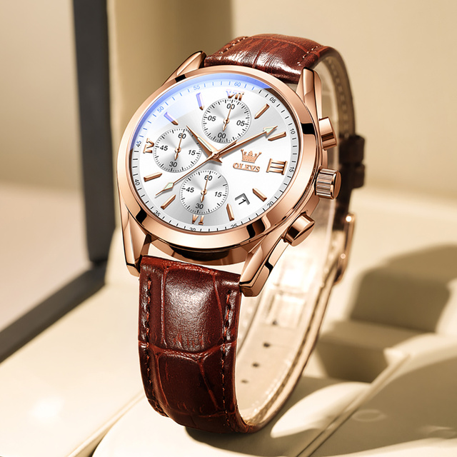 OLEVS Elite Mens Quartz Watches Business Dress Waterproof Wristwatch Men Luxury Luminous Breathable Leather Sport Watch Men Gift