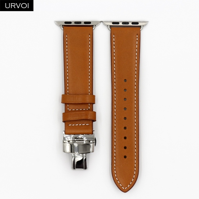 URVOI Deploy Buckle Band for Apple Watch 7 6 SE 5 4 3 Leather Strap for iwatch 41mm 45mm Single Round Design Butterfly Buckle