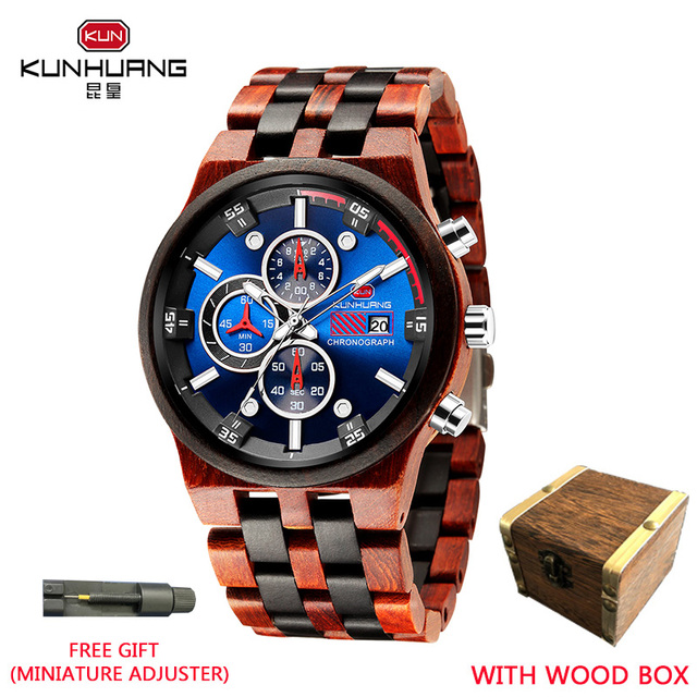 Kunhuang Men's Luxury Brand Personality Sports Mens Wooden Watches Quartz Clock Men Multifunctional Wooden Watch Relogio masculino