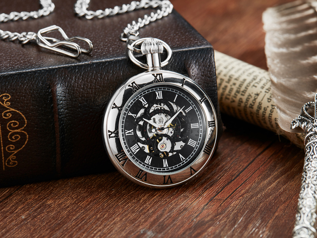 Retro Hand Wind Mechanical Luxury Steampunk Pocket Watch Hollow Silver Watches Roman Numerals Clock With Fob Chain Reloj Hombre