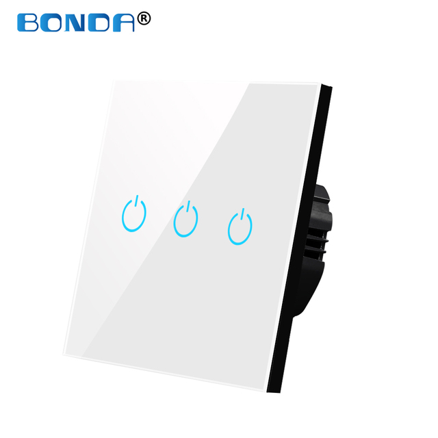 BONDA Touch Wall Switch 220V EU Standard Tempered Glass Crystal Power Panel 1/2/3 Gang 1 Way Light Sensor Switch Waterproof