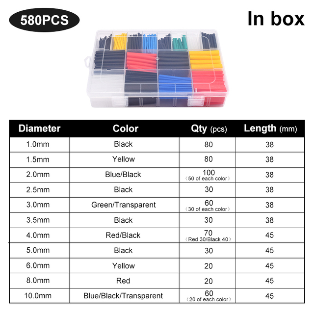 127/164/328/580/780pcs Polyolefin Heat Insulation Wire Cable Heat Shrink Tubing Shrinkable 2:1 Wrap Sleeve Tube Assortment Set