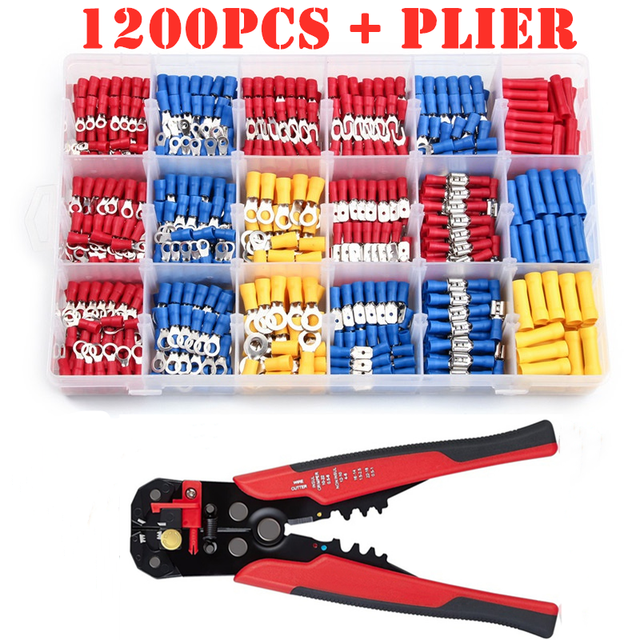 480/1200pcs assorted spade terminals insulated cable connector electrical wire assorted crimp butt loop thorn loop lugs plier