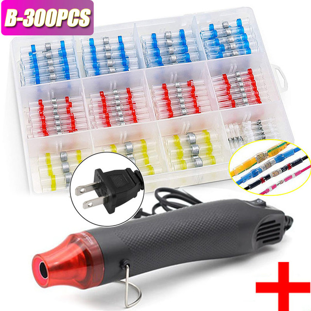 300pcs Electric Heat Shrink Butt Terminals Crimp Terminals Seal Welding Kit Waterproof Wire Twisting Cabling Connector With 300W Hot Air Gun