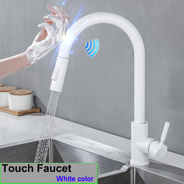 Touch On Kitchen Faucet With Pull Down Sprayer, Touch On Kitchen Sink Stainless Steel Faucet Hot Cold Sensor Kitchen Mixer Tap