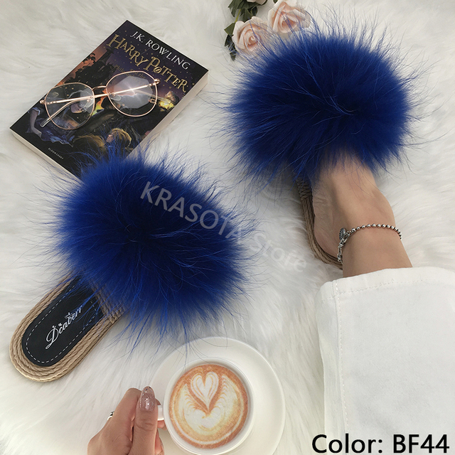 Real Fox Fur Slides Summer Women Faux Espadrilles Slippers Ladies Fluffy Flip Flops Luxury Furry Sandals Shoes 36 37 38 39 40