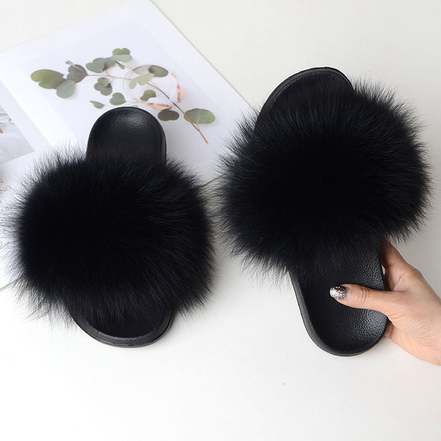 Summer fox fur slippers flat non-slip solid plush home shoes