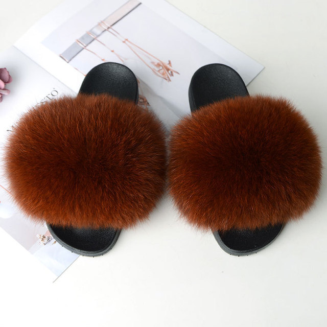 Women Summer Fluffy Fur Slippers Flat Non-slip Solid Real Furry Fur Slides Platform Shoes Plush Fur Sandals Flip Flops Women