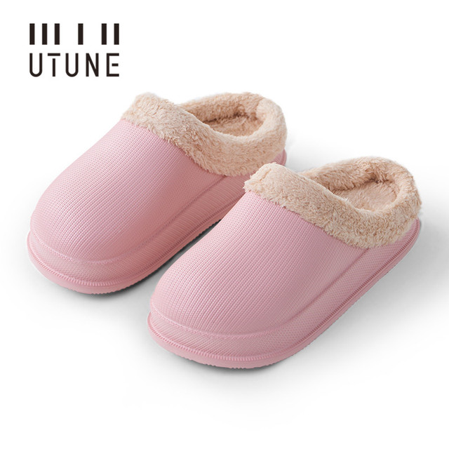 UTUNE Winter Slippers Men Shell Mules Waterproof EVA Indoor Plush Warm Shoes Women Anti-slip Garden Home Slippers Thick Solid