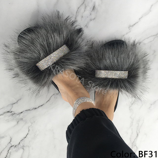 Home Slippers Women Thin Slippers Luxury Summer Faux Fur Slippers Furry Slides Shoes For Women With Rhinestones Slipper 2022