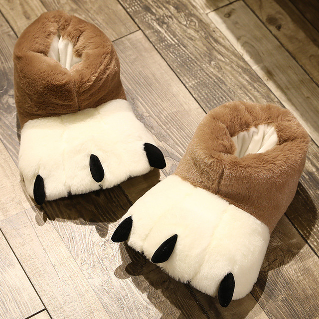 Women Creative Cute Plush Bear Paw White Long Tube Cotton Shoes Couple Indoor Winter Home Warm Cartoon Non-slip Fuzzy Slippers