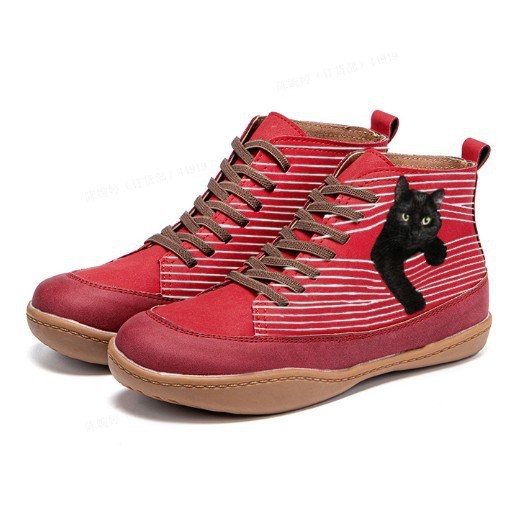 Women Winter New Genuine Leather Shoes Women 2021 Cross Straps Flat Bottom High Quality Printing Cat Boots Warm Comfortable Socks