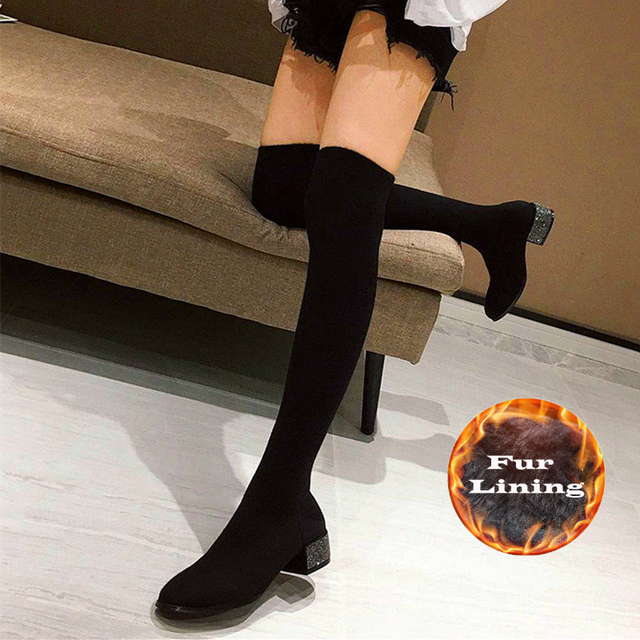 Women Over The Knee Sock Boots Knitting Sock Boots Pointed Toe Elastic Slim Female Thigh High Boots Flat Botas De Mujer Boots