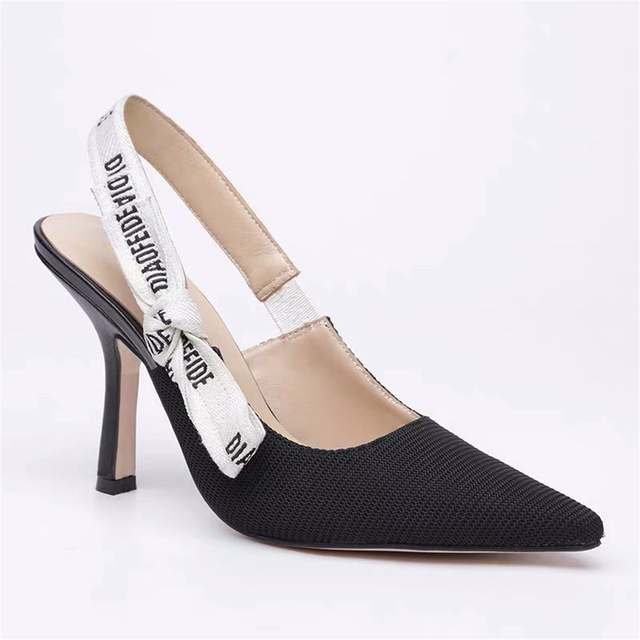 2020QueePace Breathable Air Mesh Upper High Heel Shoes Women Pointed Toe Slingbacks Letter Back Strap Sandals Woman Shoes