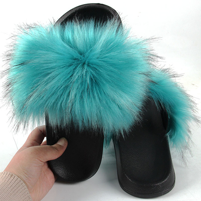 Women Summer New Synthetic Fox Fur Slippers Indoor Home Furry Cute Faux Raccoon Fur Non-slip Outdoor Home Shoes Beach Sandals