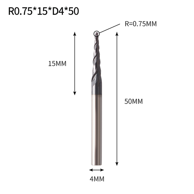 VACK - Ball Nose Pointed End Mills, 3.175mm, 4mm, 6mm, 8mm, Router Bits, Cnc, Wood and Metal Milling Machine