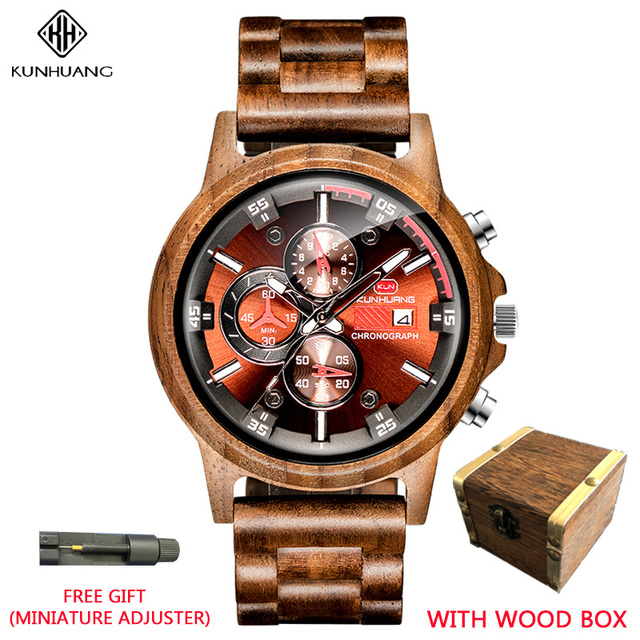 Kunhuang Men Watches Luxury Brand Wooden Walnut Sport Quartz Watch Men Fashion Date Chronograph Watch Relogio Masculino