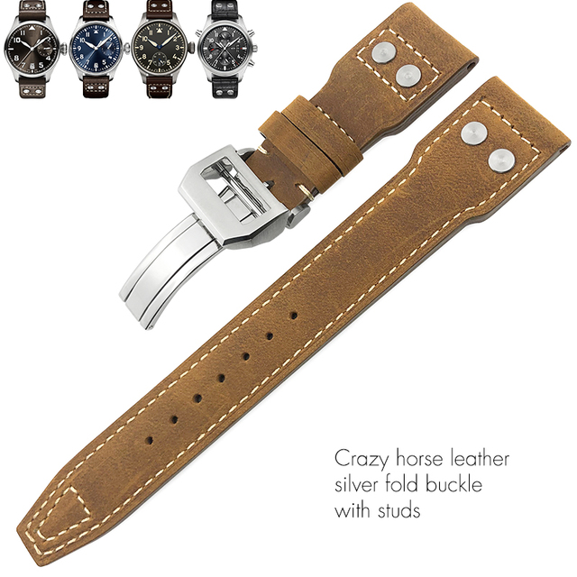 21mm 22mm High Quality Genuine Leather Rivets Watchband Fit For IWC Large Pilot Spitfire Gun Top Brown Black Cowhide Watch Strap