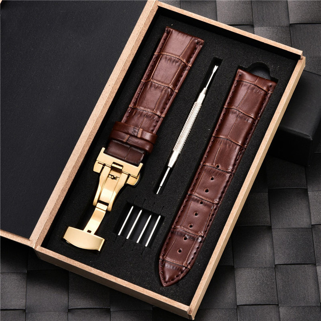 Grain Leather Watches With Stainless Steel Automatic Clasp Men's Watch Bracelet 18mm 20mm 22mm 24mm Gift Watch Box Straps