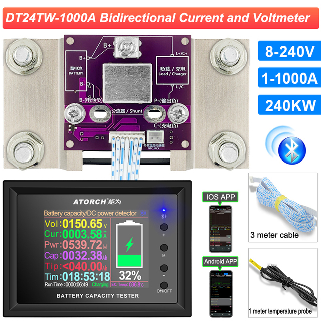 DC 8-240V 100A 200A 300A 400A 500A 600A 1000A Battery Tester Voltage Current RVS Meter Battery Coulomb Capacity Indicator