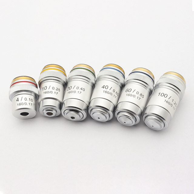 Biological Microscopes Achromatic Objective Lens 100X (oil) 4X 10X 20X 40X 60X 195mm Conjugate Distance Universal RMS thread