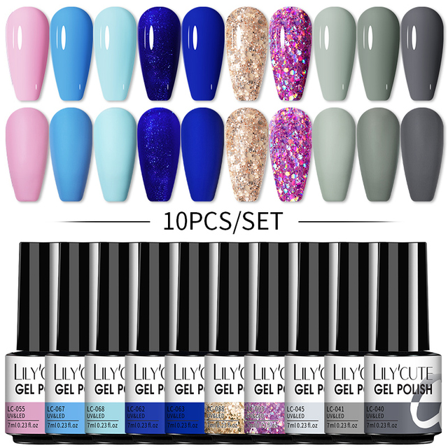 LILYCUTE 10/20/8/2pcs Gel Nail Polish Set Semi Permanent Glitter Hybrid Varnish Base Top Coat Soak Off UV LED Nails Gel