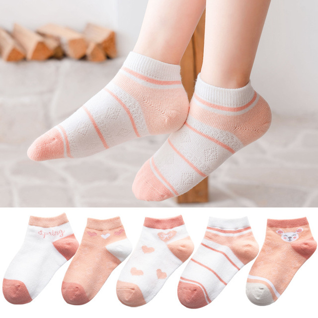 5 Pairs Girls Cotton Socks Summer Thin Mesh Breathable Cute Cartoon Children Socks Toddler Baby Girls Socks Pink 1-12 Years