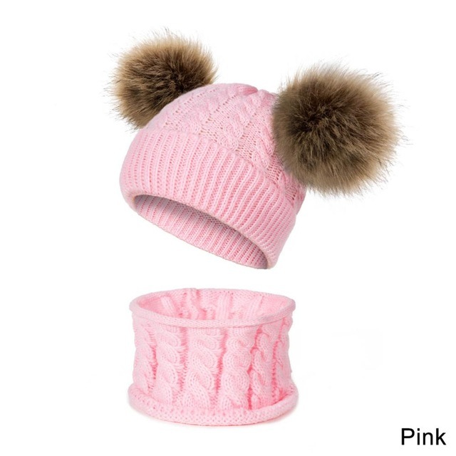 New Newborn Baby Kids Girls Boys Hat Scarf Winter Warm Knit Hat Furry Balls Pompom Solid Warm Cute Lovely Beanie Hat Gift Set