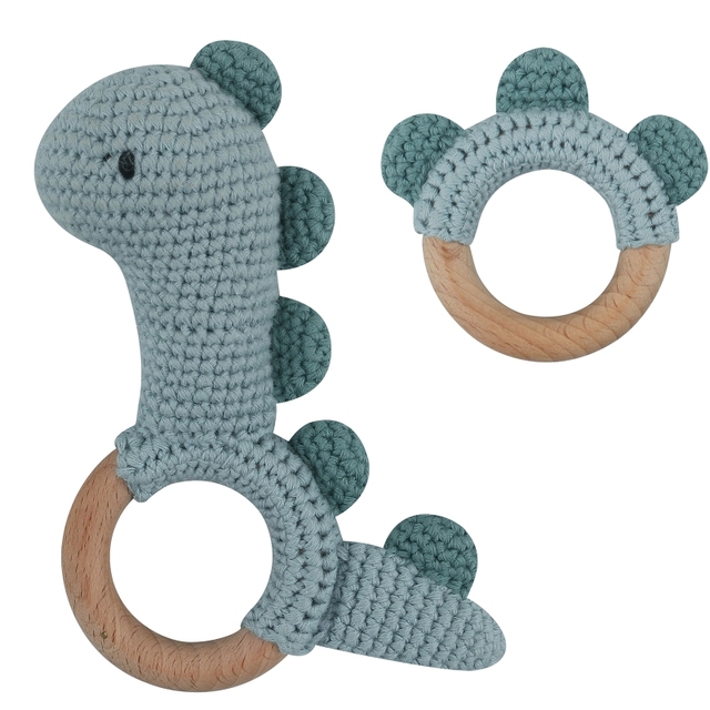 1pc or 2pcs/set BPA Free Crochet Dinosaur Baby Teether Rattle Safe Beech Wooden Teether Ring Newborn Mobile Sport Educational Toy