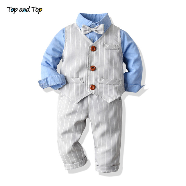 Best and top spring and autumn baby boy gentleman suit white shirt with bow tie striped jacket trousers 3pcs formal kids clothes set