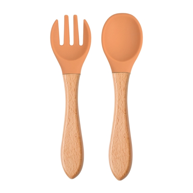 2pcs Silicone Baby Tips Feeding Training Spoon and Fork Set with Wooden Handle Toddlers Babies Eat Standalone Accessory