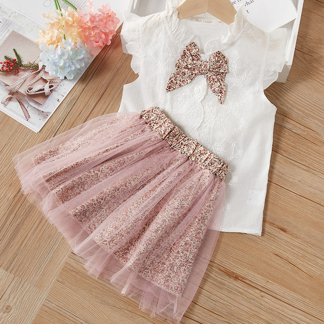 Girls clothes set 2022 new summer sleeveless T-shirt and print bow shorts for girl kids clothes children clothing 3 5 7 years