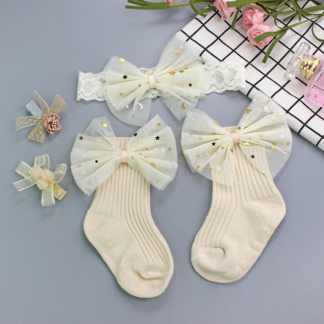 Baby Girl Lace Flower Headband Socks Set Cotton Baby Socks Newborn Socks Anti Slip Floor Socks Elastic Baby Hair Band