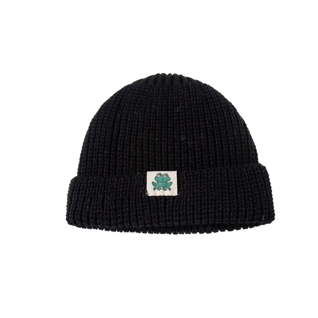 Autumn Winter Solid Color Baby Knitted Warm Hat Soft Casual Hemming Hat Kids Girls Boys Frog Label Beanies Clothes