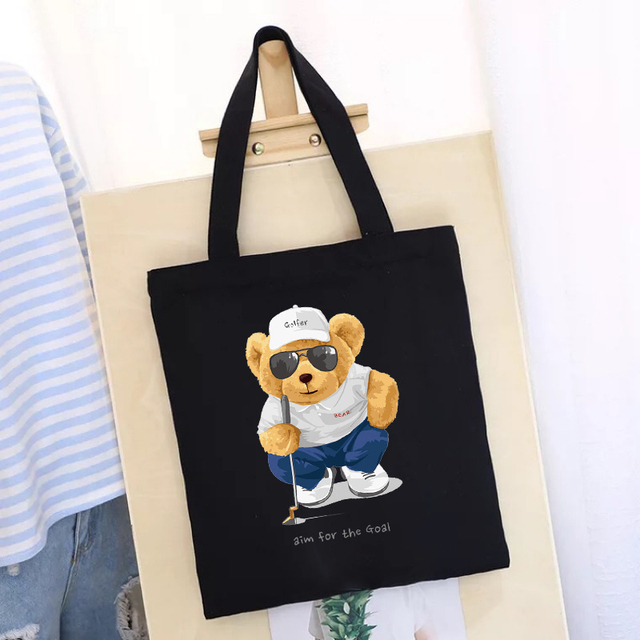 Women's Shopping Bag All-match Bear Chain Handbag Folding Reusable Canvas Shopper Harajuku Style Bag New Student Canvas Tote Bag