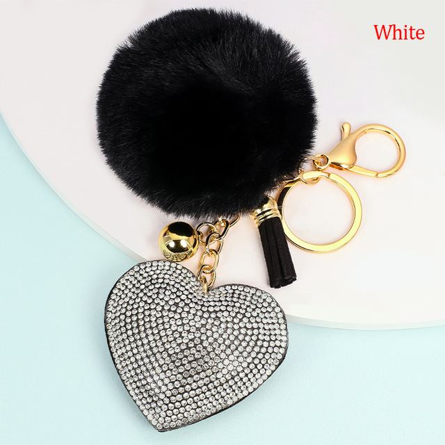 Rhinestone Pompom Heart Keychain Ladies Bag Hanging Room Car Pendant Decoration