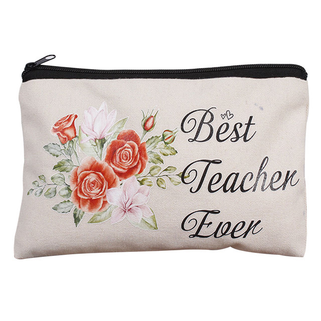 Women Teacher Flower Printed Cosmetic Bag Canvas Zipper Travel Toiletry Bag Swanky Bag Portable Make Up Bags Style for Travel