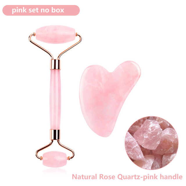 Natural Pink Quartz Jade Roller Gua Sha Set Facial Body Massager Roller Stone Jade Massage Set Face Lifting Beauty Massage Device