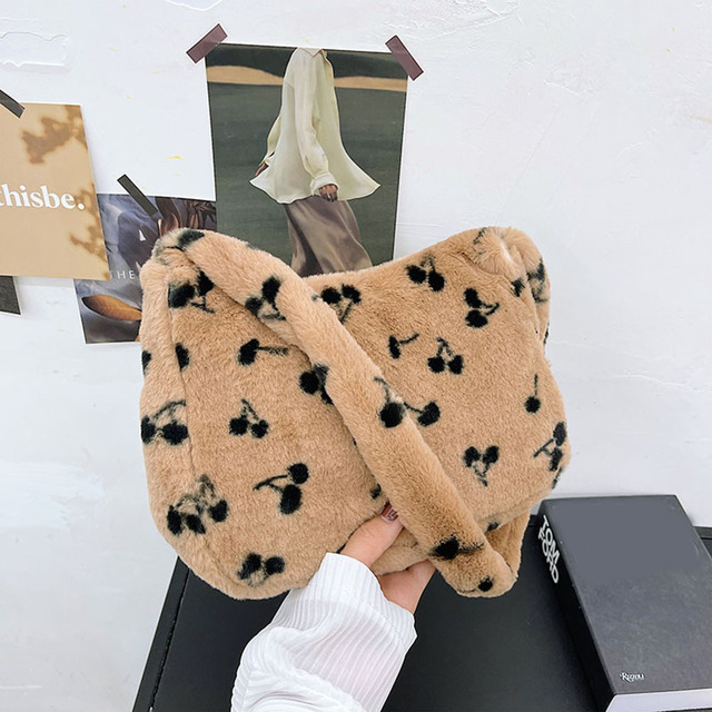 New fall winter soft plush shoulder bag for women 2021 cherry print underarm bag ladies furry fluffy handbags and purses