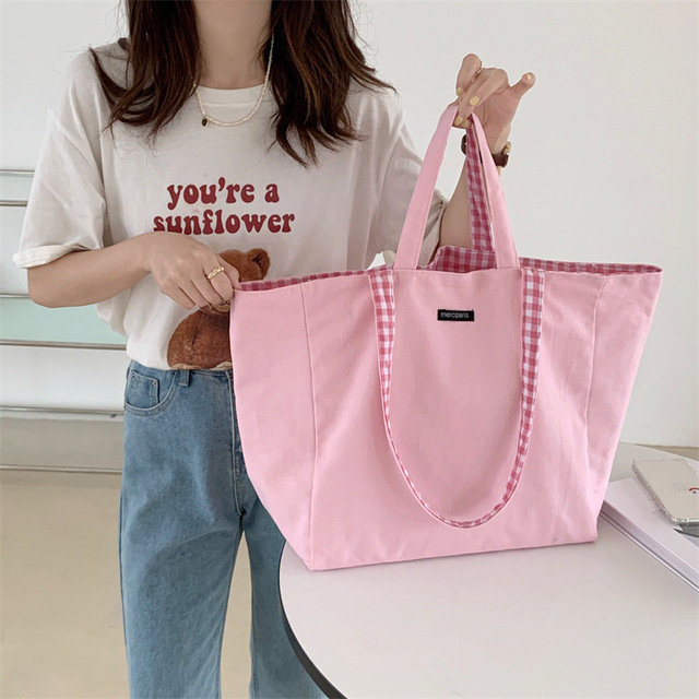 Women Shoulder Bag 2021 Canvas Tote Bags Girl Fashion Casual Solid Color Plaid Shopper Bags Large Capacity Double Sided Handbags