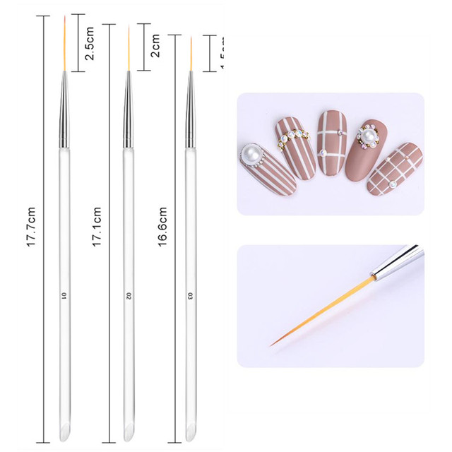 3pcs Nail Art Liner Brush Set Acrylic French Tape Tips Manicure Ultra-thin Line Drawing Pen UV Gel Brushes Painting Tools