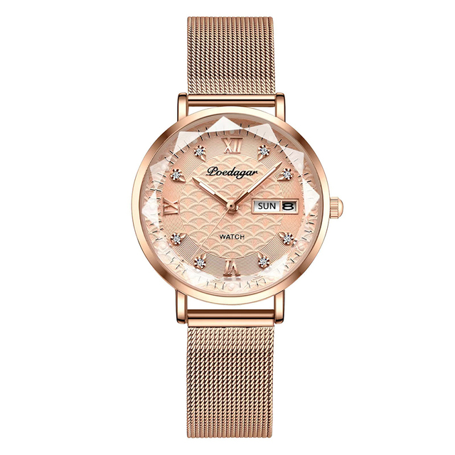 Swiss Brand POEDAGAR Women Watches Luxury Rose Gold Mesh Wristwatch Fashion Simple Waterproof Date Ladies Bracelet Watch Clock