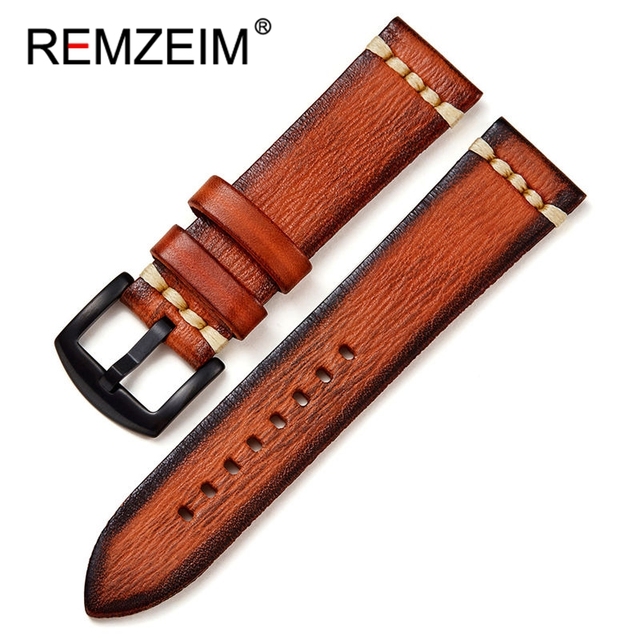 REMZEIM Retro Handmade Genuine Leather Strap Vegetable Tanned Leather Watchband 18 20 22 24mm High Quality Business Watch Band